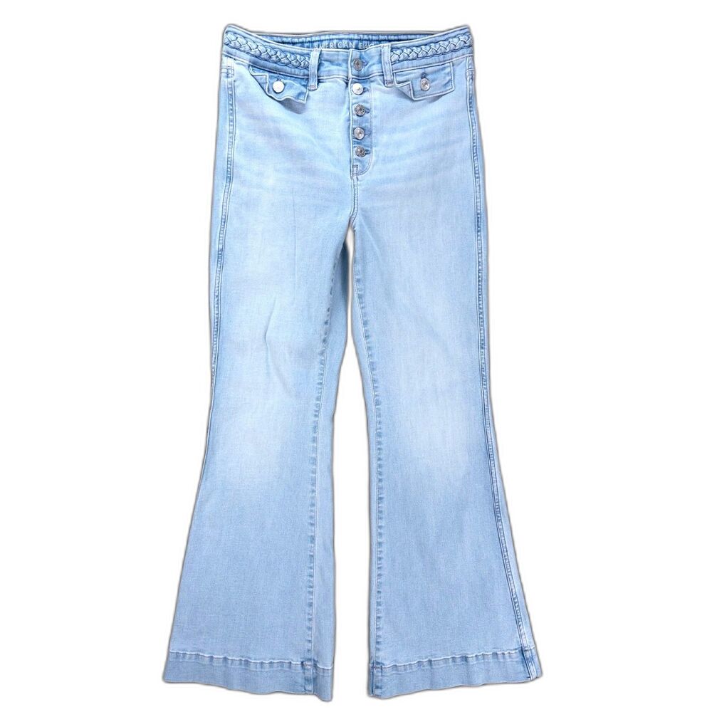 American Eagle Super High Rise Flare Jeans Light Wash Braided Waist Size 10 NWOT